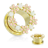 Opalite Stones And Enamel Flowers Gold Screw Fit Flesh Tunnel Ear Plugs