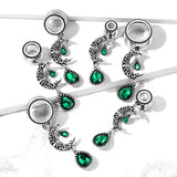 Pair Filigree Moon With Emerald Green Stone Pear Dangle Ear Flesh Tunnel Ear Plugs