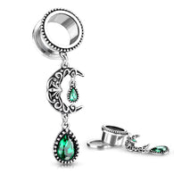 Pair Filigree Moon With Emerald Green Stone Pear Dangle Ear Flesh Tunnel Ear Plugs