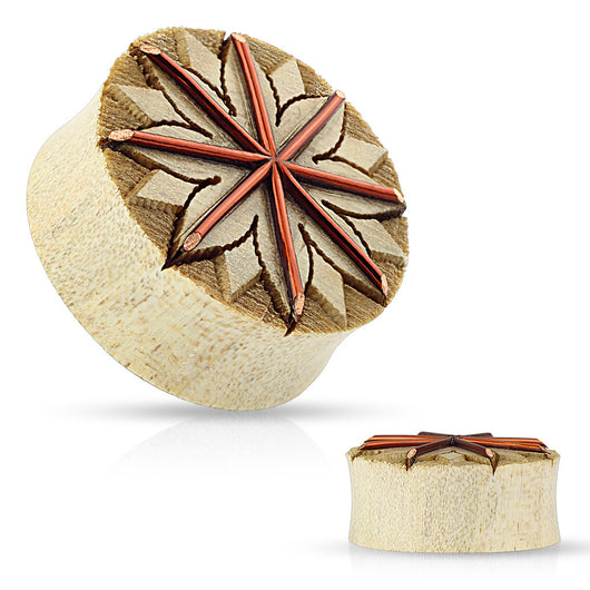 Copper Wire Tribal Lotus Carved Organic Crocodile Wood Saddle Plugs