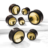 Pair Organic Sono Wood Saddle With Concaved Gold Tin Center Ear Plugs