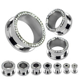 Pair CZ Lined Rim Surgical Steel Screw Fit Flesh Ear Tunnels Fr 10G To 1"