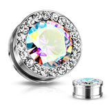 Pair Faceted CZ Center With Multi-Gem Rim Screw Fit Hollow Tunnels