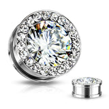 Pair Faceted CZ Center With Multi-Gem Rim Screw Fit Hollow Tunnels