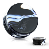 Pair Of Black/White Agate Natural Stone Double Flared Ear Plugs