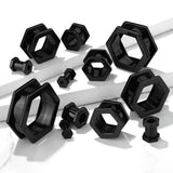 Pair Black Hexa Front Plated On Surgical Steel Basic Plugs Screw Fit Flesh Tunnels Ear Plugs