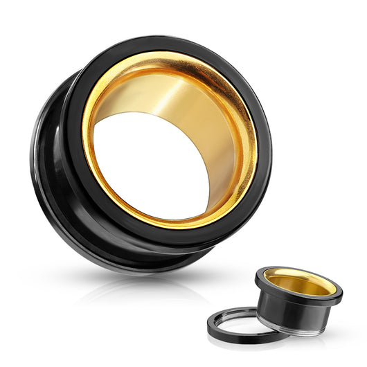 Pair Black With Gold Interior Screw Fit Double Flare Ear Tunnels Plugs