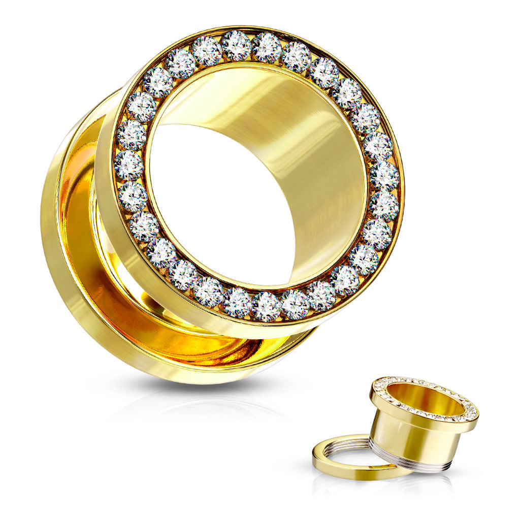 Pair Of 14K Gold Plated Multi CZ Rim Ear Plug Screw Fit Flesh Tunnel ...