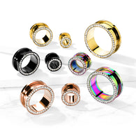 Pair Of 14K Gold Plated Multi CZ Rim Ear Plug Screw Fit Flesh Tunnel