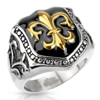 Golden Fleur De Lis Glossy on Black Epoxy Shield 316L Stainless Steel Biker Rings