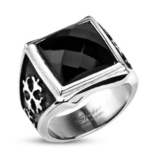 Square Onyx CZ Royale Cross Cast 316L Stainless Steel Rings Band
