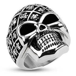 Fleur De Lis Pattern Decorated Skull Wide Cast Biker Stainless Steel Rings