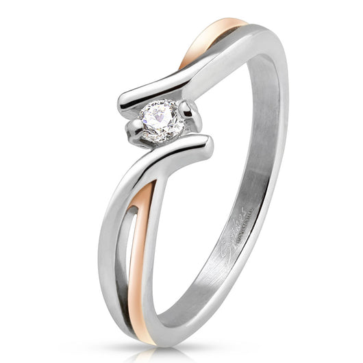 2 Tone Twist Lines CZ Center Rose Gold / Surgical Steel Rings