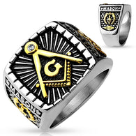Gold And Burnish Steel 2-Tone Square Face Masonic Stainless Steel Rings