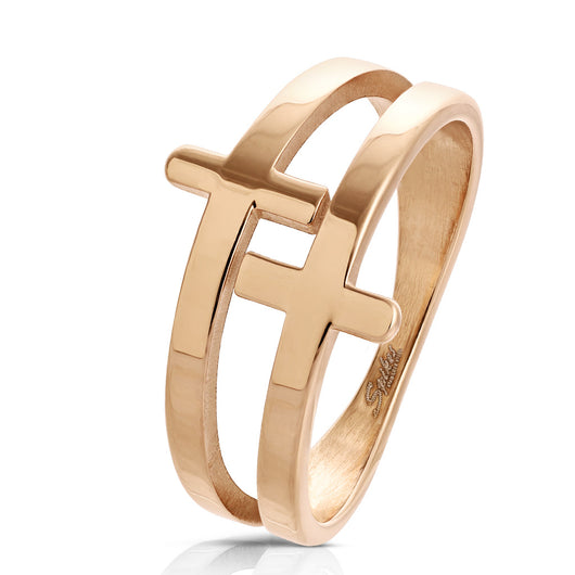 Double Cross Rose Gold PVD Plated Stainless Steel Ring ...