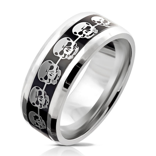 Silver Skulls Repeating on Black Background Inlay Stainless Steel Ring