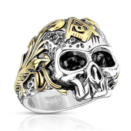Two Tone Skull With Masonic Emblem Biker Stainless Steel Rings