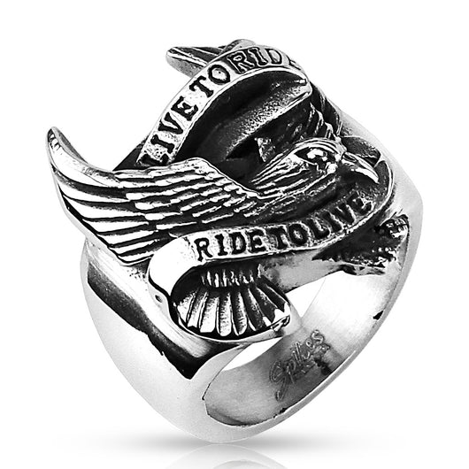 Biker Eagle 'Live to Ride Ride to Live' Wide Stainless Steel Rings