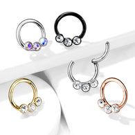 316L Surgical Steel 3 Bezel Set CZ  Hinged Segment Hoop Rings Nose Septum