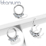 Titanium Hinged Segment Hoop Ring 5 Crystals For Nose Septum Cartilage