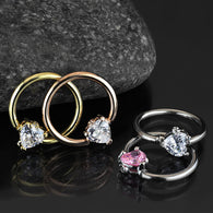 Multi Directional CZ Heart 14GA Captive Bead Ring Hoop Septum Tragus