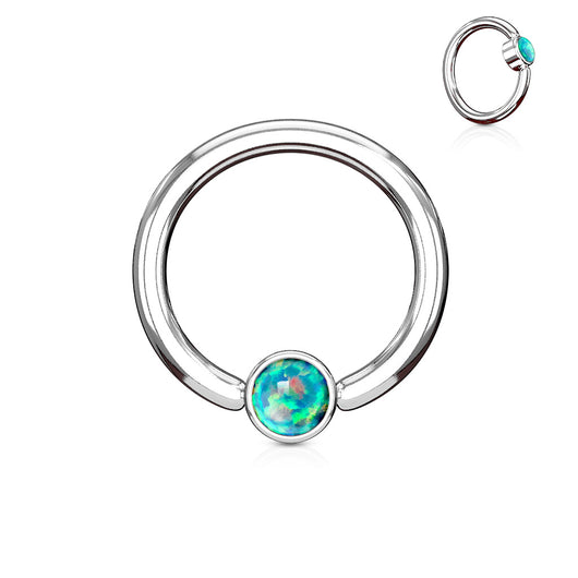 Opal Set Round Flat Cylinder Surgical Steel Captive Hoop Ring