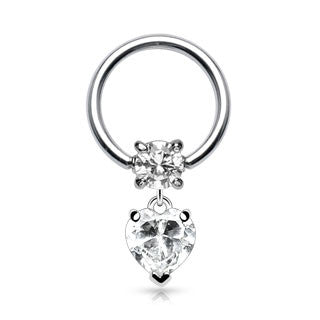 Clear CZ Heart Dangle 316L Surgical Steel Captive Bead Ring