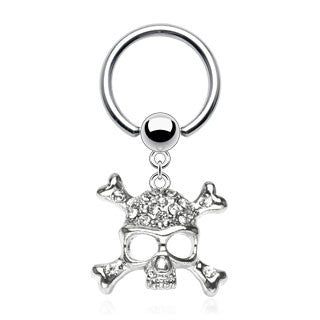 Skull Multi Clear CZ Dangle 316L Surgical Steel Captive Bead Ring