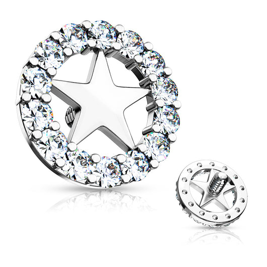8 mm CZ Paved Circle Outline Star Internal Threaded Dermal Anchor Tops