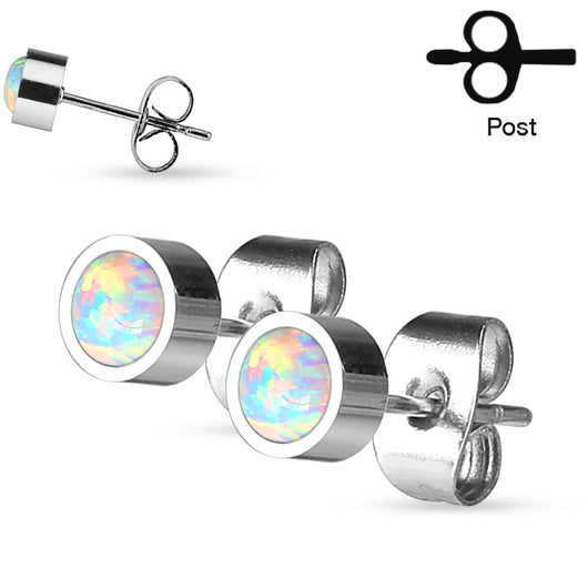 Pair of 3mm 4mm 5mm White Opal Bezel Set Stainless Steel Studs Earrings