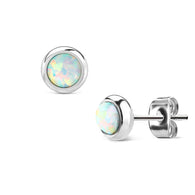 Pair of 6mm Fire White Opal Bezel Set Surgical Steel Studs Earrings
