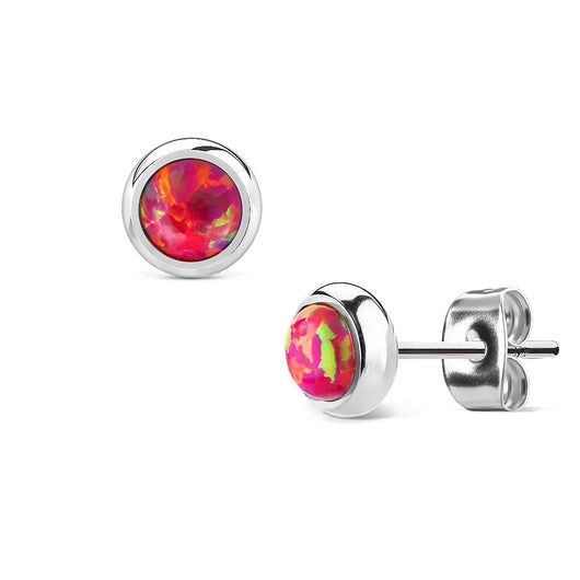 Pair Of 6mm Red Opal Stone Bezel Set Surgical Steel Studs Earrings 20G