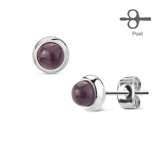 Pair Of Bezeled Semi Precious Amethyst Stone Set 316L Surgical Steel Earrings.