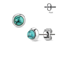 Pair Of Bezeled Semi Precious Turquoise Stone Set 316L Surgical Steel Earrings.