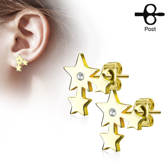 Cluster Stars With Crystal Gold Plated On 316L Stainless Steel Earring Studs
