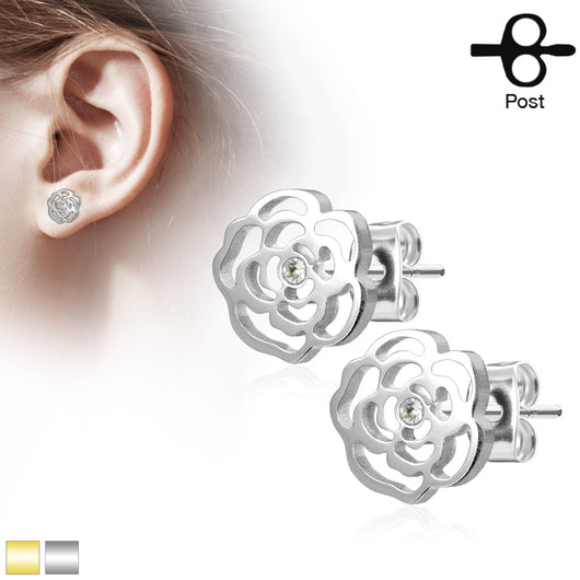 Rose Blossom With Crystal Gold Or 316L Stainless Steel Earring Studs