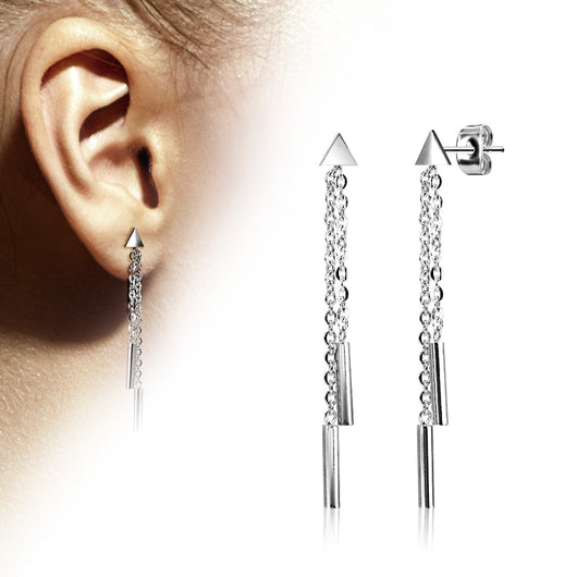 Pair of Triangle 2 Chain Drop Round Bar Earring Studs