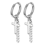 Pair of Cross Chain Dangle Stainless Steel Hinge Seamless Hoop Earrings