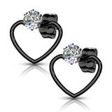 Pair of Round CZ With Heart Hoop Stainless Steel Post Earring Studs