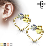 Pair of Round CZ With Heart Hoop Stainless Steel Post Earring Studs