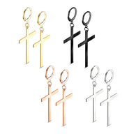 Pair of Gold Rose Gold Steel Hoop Earrings With Cross Dangle