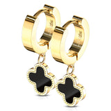 Pair Of Hing Hoop Earrings With Black Enamel Center Clover Dangle