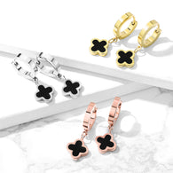 Pair Of Hing Hoop Earrings With Black Enamel Center Clover Dangle