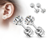 Pair Prong Set CZ 316L Surgical Steel Earring Studs Helix Screw Back With CZ