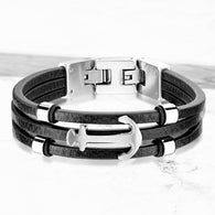 Multi Strand Black Micro Fiber Leather Anchor Stainless Steel Chain Bracelets
