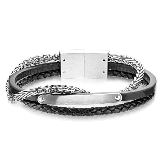 Multi Strand Black Micro Fiber Leather and Stainless Steel Chain Bracelets