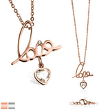 "Love" With Heart CZ Dangle Pendant Stainless Steel Chain Necklaces