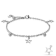 Star, Ball, and Heart Dangling Charm 316L Stainless Steel Chain Anklet / Bracelet