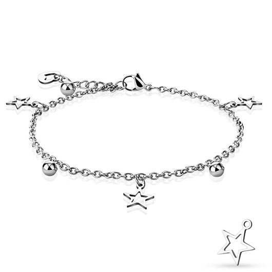 Star, Ball, and Heart Dangling Charm 316L Stainless Steel Chain Anklet / Bracelet