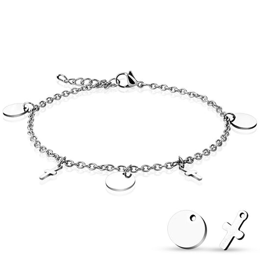 Round And Cross Charm Dangling  316L Stainless Steel Chain Anklet / Bracelet
